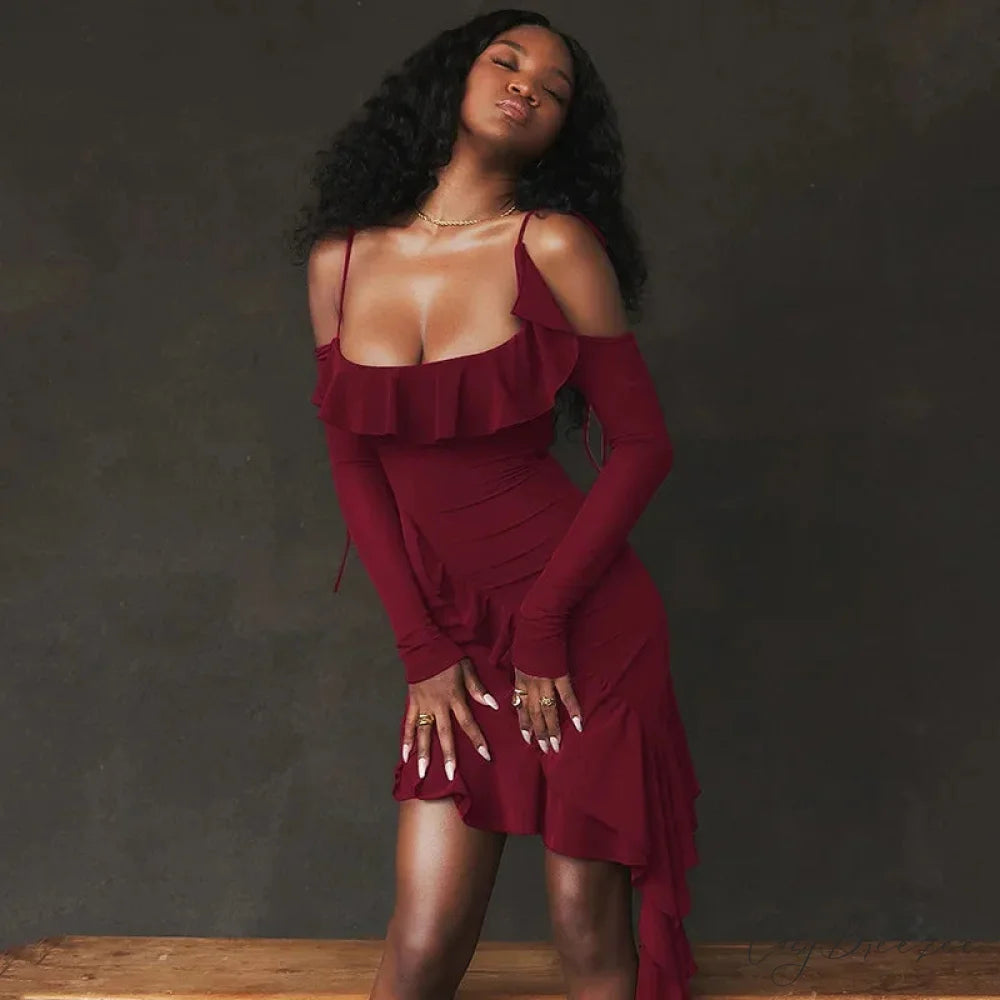 Ruffle Backless Gown Club Mini Dress Burgundy / S