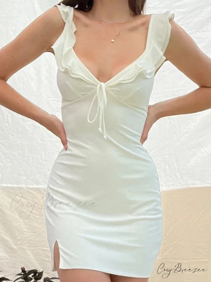 Ruffle Bow Tie White Sexy Backless Split Mini Dress