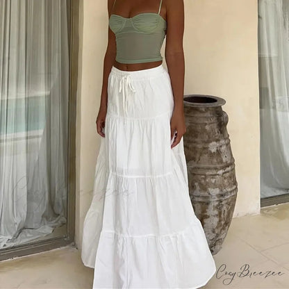 Ruffle Elastic High Waist Maxi Tiered Prairie Skirt WHITE / S