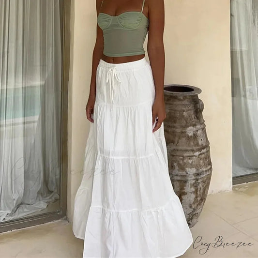 Ruffle Elastic High Waist Maxi Tiered Prairie Skirt WHITE / S