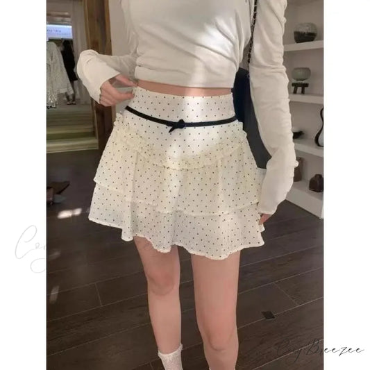 Ruffle Fairycore Lace Bow Layered Dot Skirt white / S