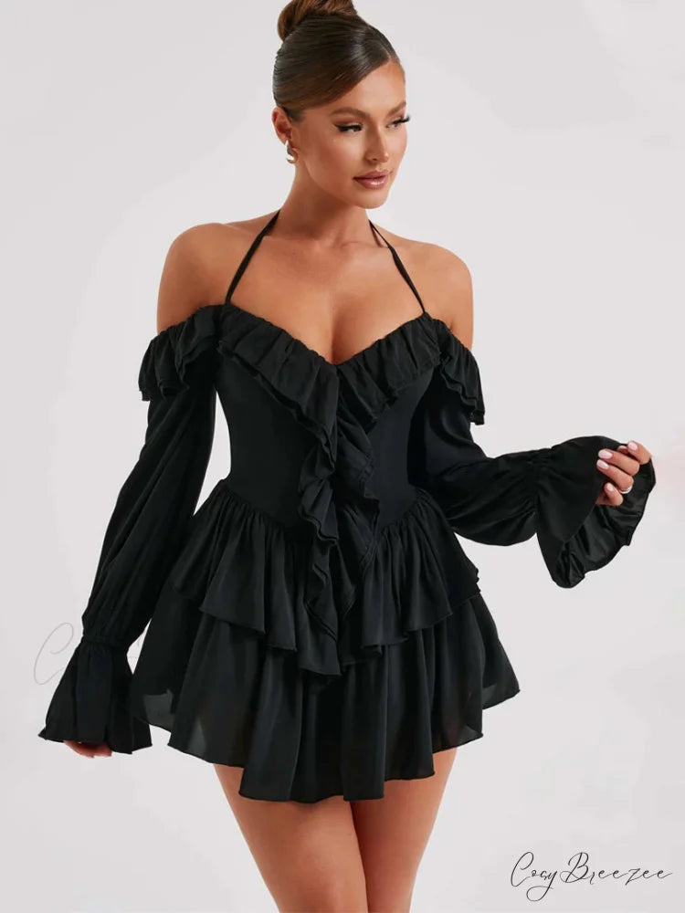 Ruffle Flare Sleeve Mini Dress Black / XS minidress-250223