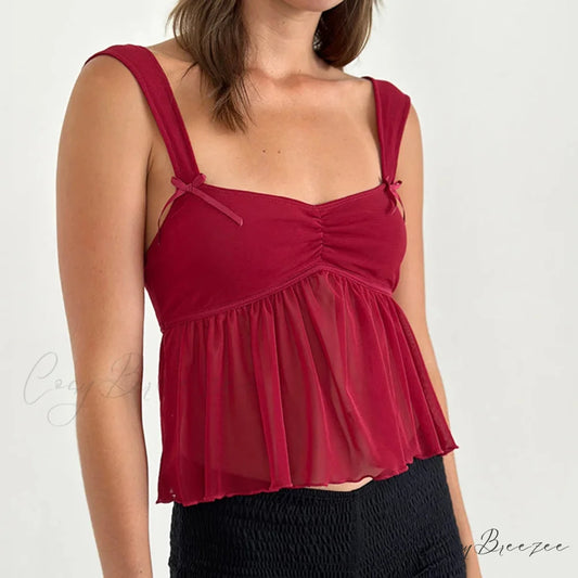Ruffle Hem Sheer Mesh Crop Top Red / S croptop-250223