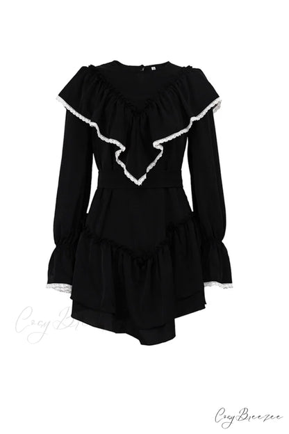 Ruffle Neck Lacework A-line Dress
