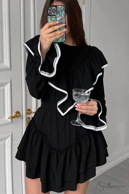 Ruffle Neck Lacework A-line Dress Black / M