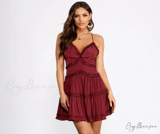 Ruffle Ride Stylish Skater Dress BURGUNDY / XS