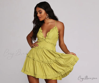 Ruffle Ride Stylish Skater Dress LIME / S