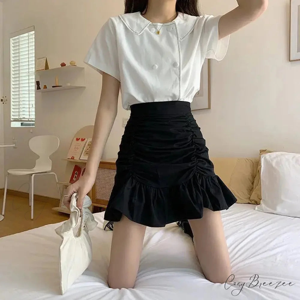 Ruffle Sweet Mini Skirt White A-line Solid Cute Skirt Black / S