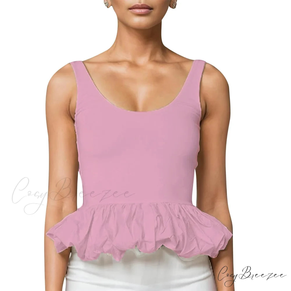 Ruffled Bubble Hem Crop Top Pink / S croptop-250223