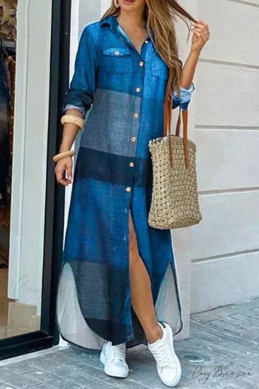 Ruffled Denim Graceful Button Midi Dress Blue / S