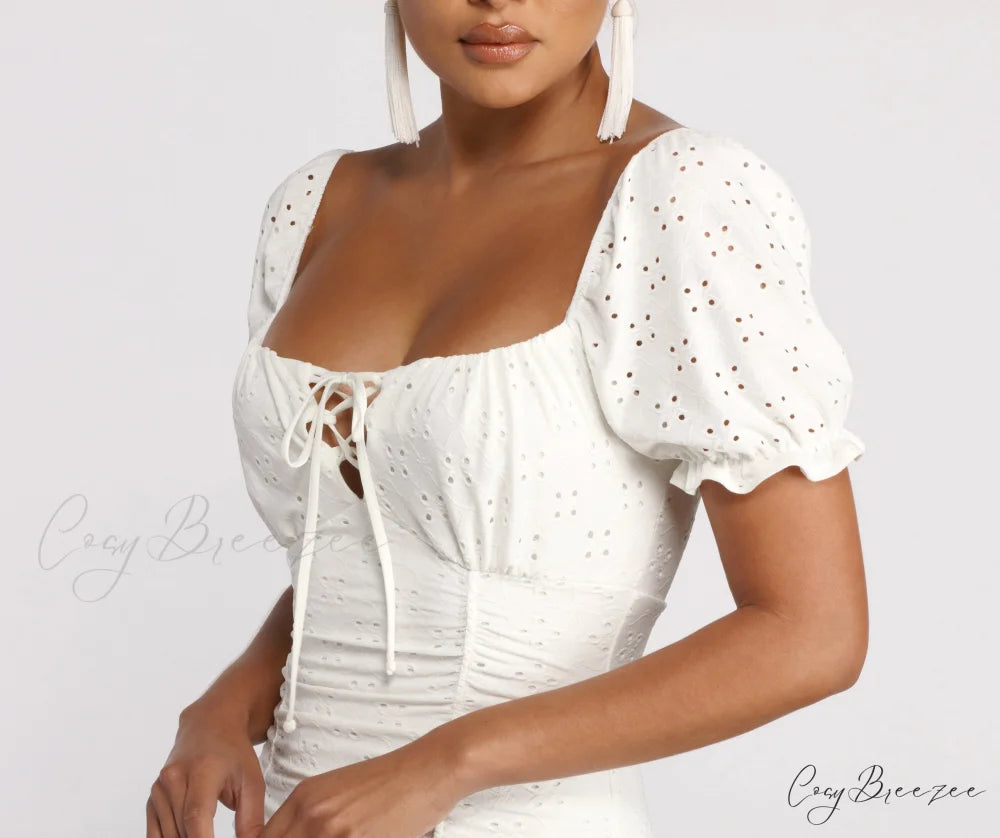 Ruffled Eyelet Puff Charming Sleeve Mini Dress