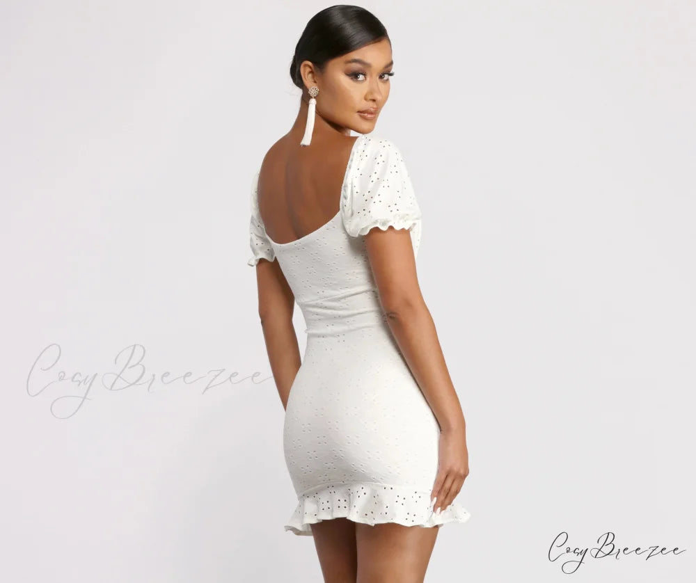 Ruffled Eyelet Puff Charming Sleeve Mini Dress