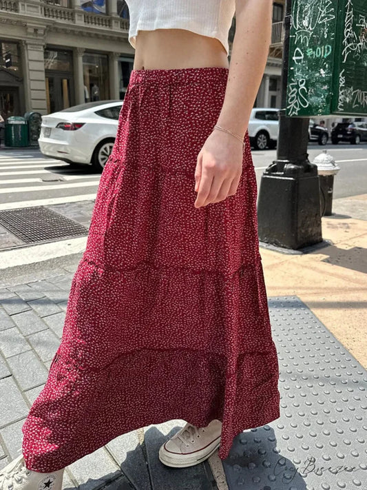 Ruffled Floral Red High Waist A-Line Skirt Red / One Size skirt-250126