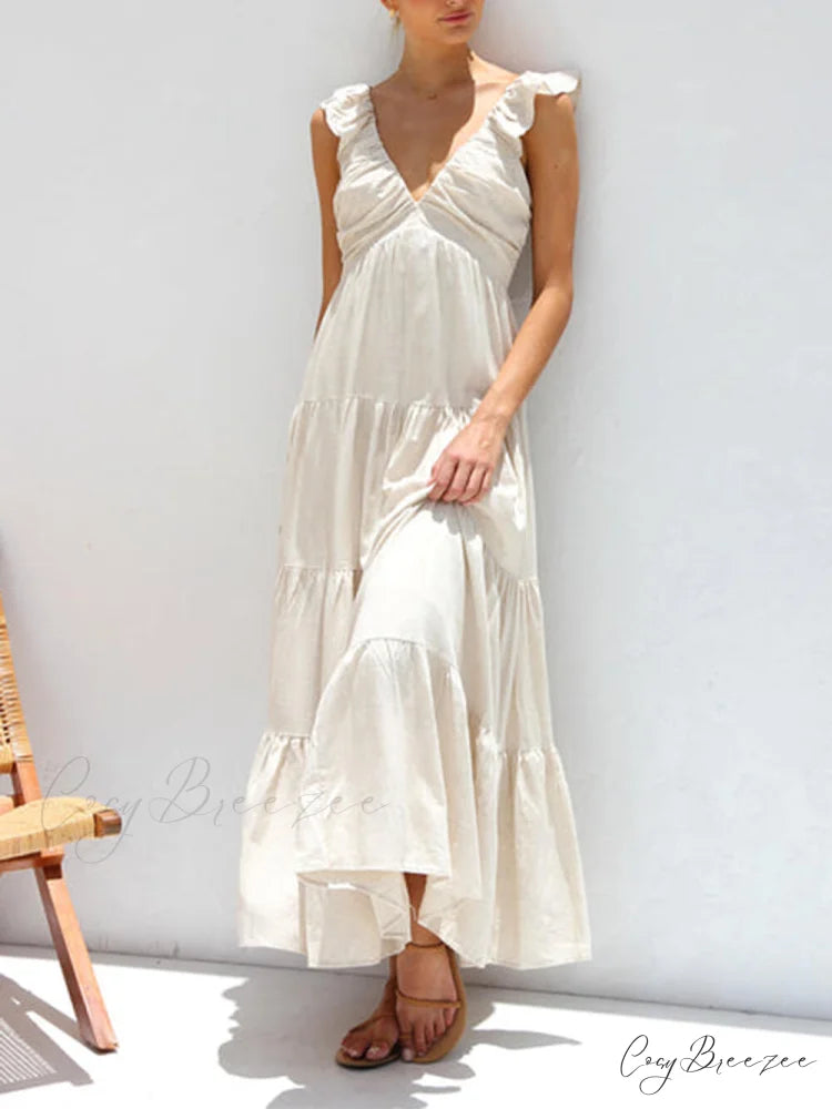 Ruffled Flying Sleeves Smocked Graceful Back Tiered Vacation Maxi Dress