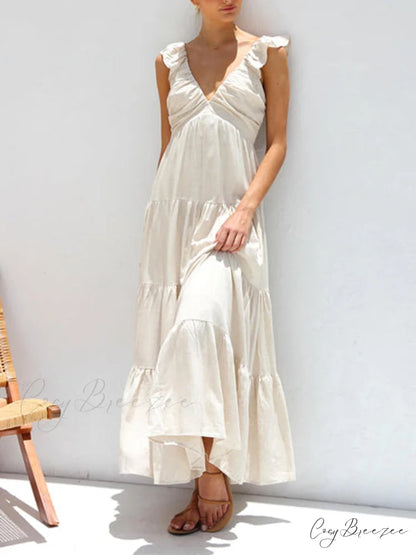 Ruffled Flying Sleeves Smocked Graceful Back Tiered Vacation Maxi Dress