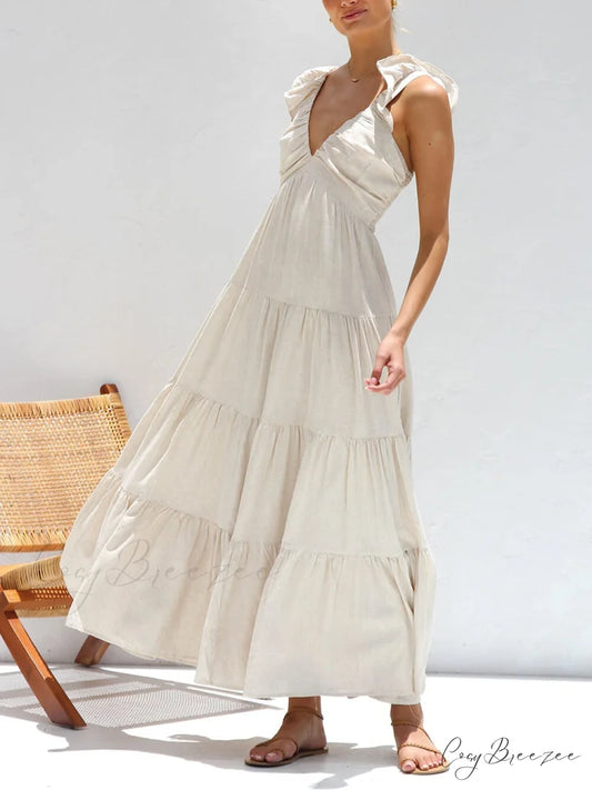 Ruffled Flying Sleeves Smocked Graceful Back Tiered Vacation Maxi Dress Beige / S