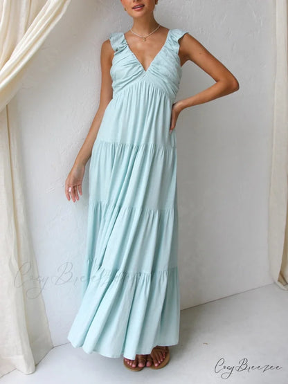 Ruffled Flying Sleeves Smocked Graceful Back Tiered Vacation Maxi Dress Sky Blue / S