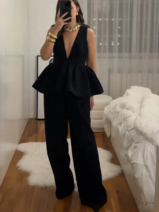 Ruffled Hem Deep V-neck Harem Office Set black tank top / S officetwopieceset-250223