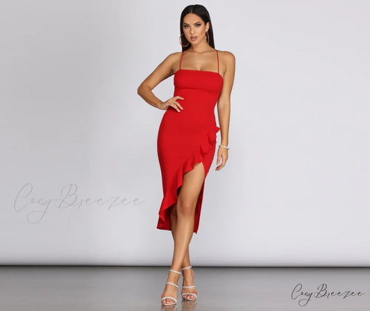 Ruffled In Stylish Love Sleeveless Dress RED / XS