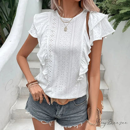 Ruffled Lace O-neck Butterfly Sleeve Casual Crop Top blouse-250126