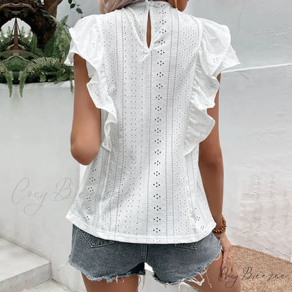 Ruffled Lace O-neck Butterfly Sleeve Casual Crop Top blouse-250126