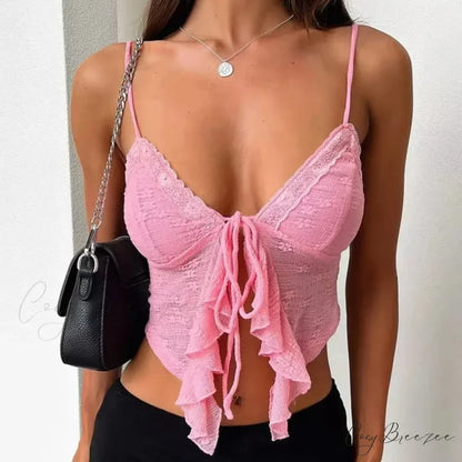 Ruffled Lace Trim Crop Top Pink / S croptop-250223
