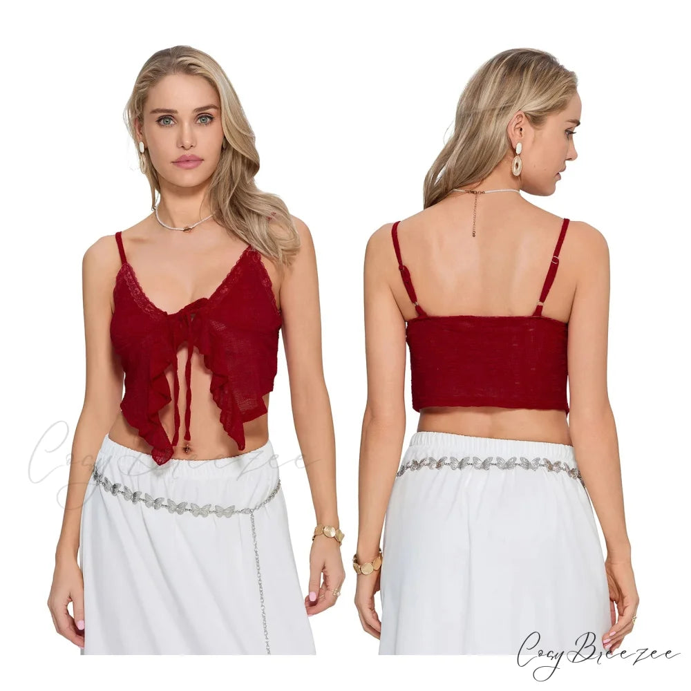 Ruffled Lace Trim Crop Top Red / S croptop-250223