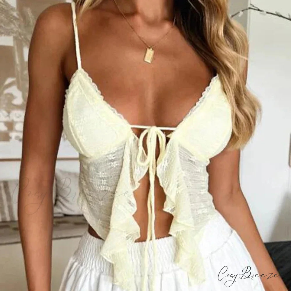 Ruffled Lace Trim Crop Top Yellow / S croptop-250223