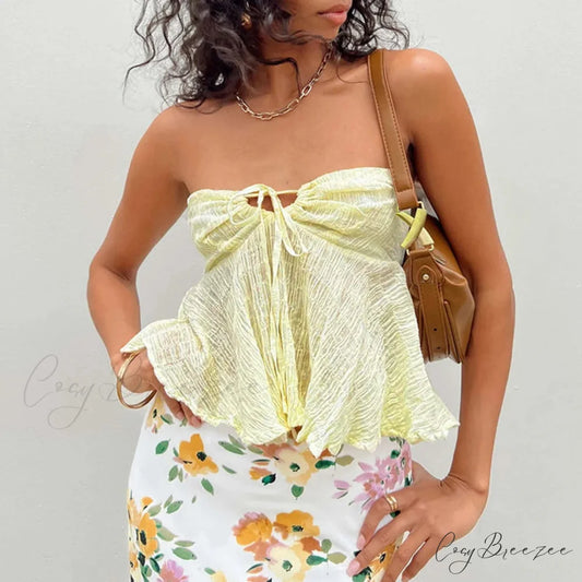 Ruffled Off-Shoulder Crop Top Light Yellow / S croptop-250223