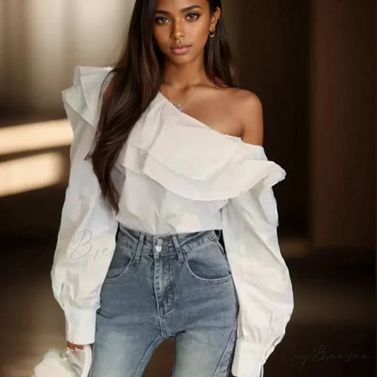 Ruffled Off Shoulder Slim Fit Casual Long Sleeve Crop Top blouse-250126