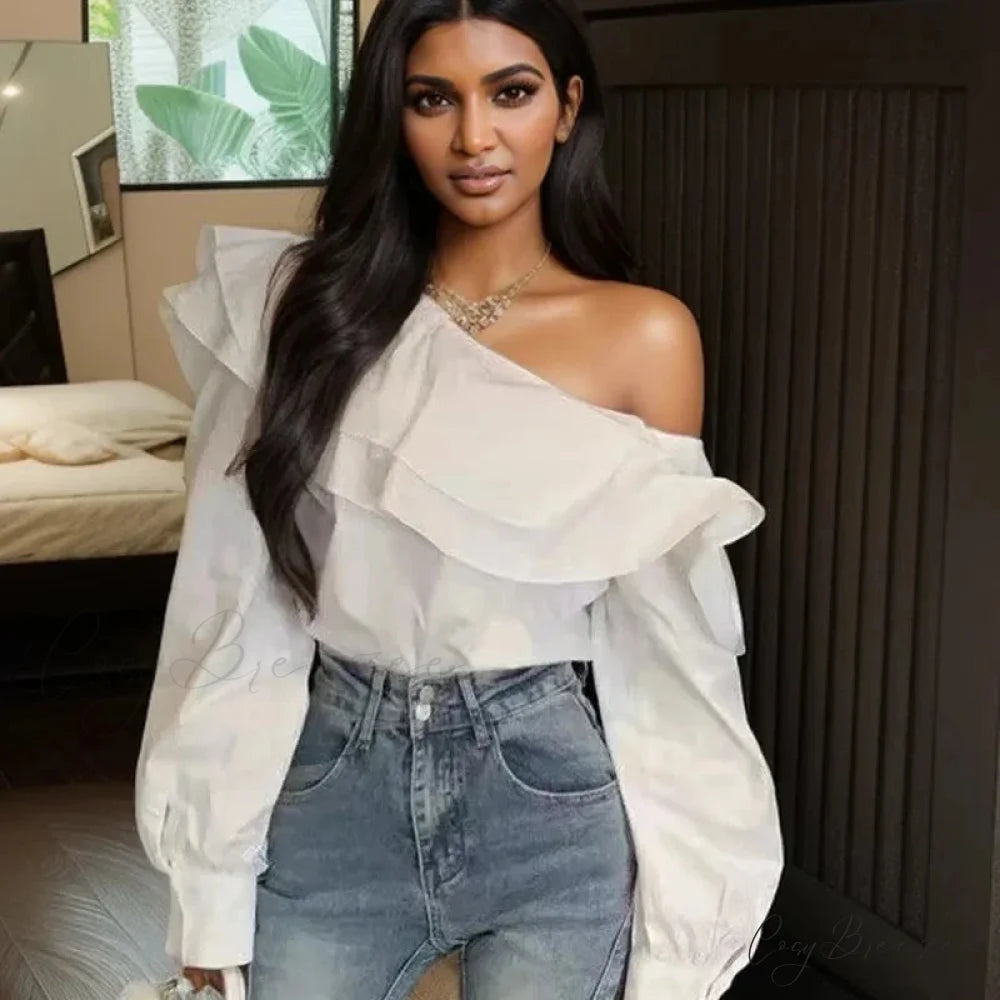 Ruffled Off Shoulder Slim Fit Casual Long Sleeve Crop Top blouse-250126