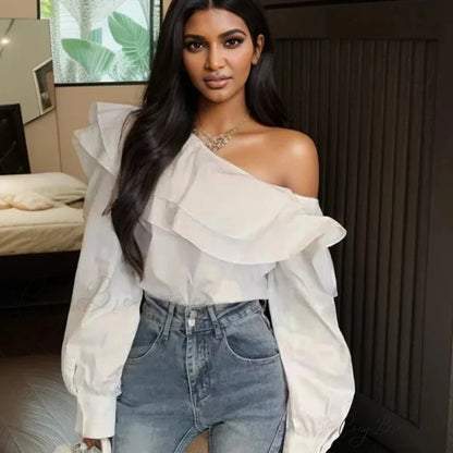 Ruffled Off Shoulder Slim Fit Casual Long Sleeve Crop Top blouse-250126