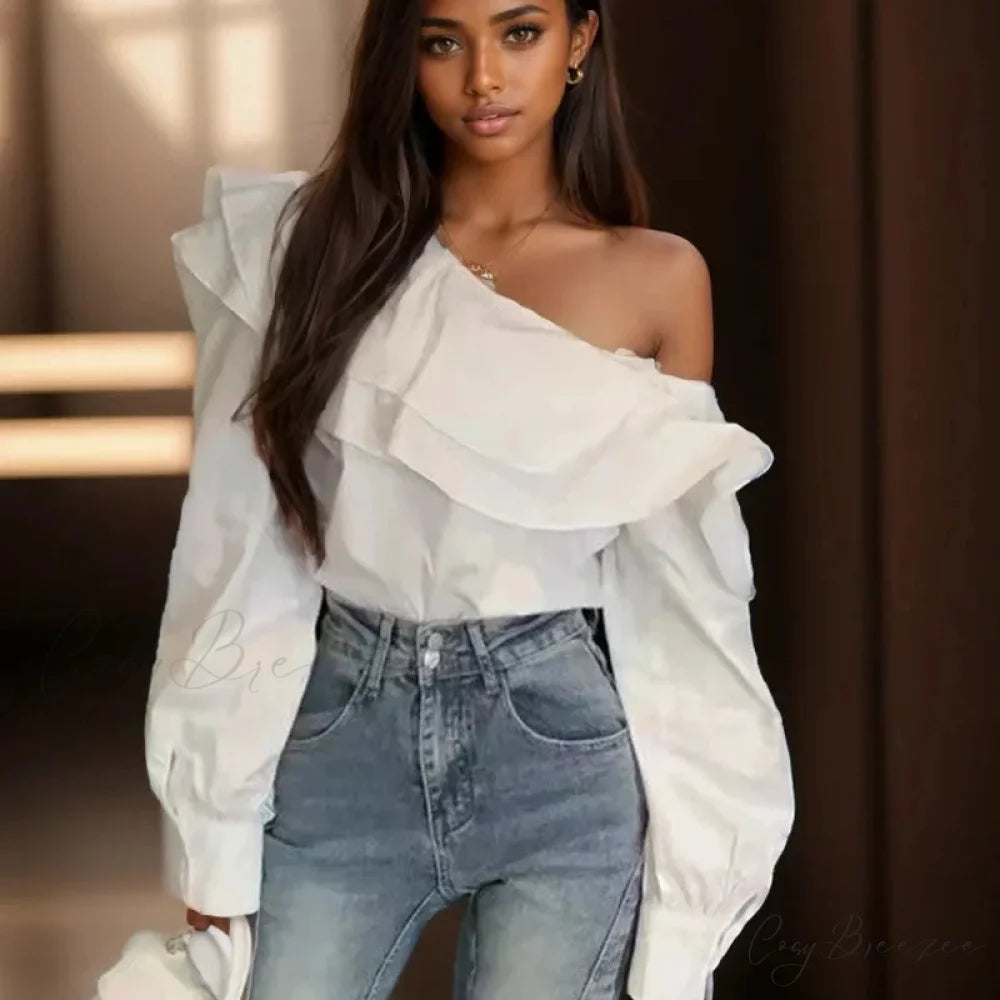 Ruffled Off Shoulder Slim Fit Casual Long Sleeve Crop Top WHITE / M blouse-250126