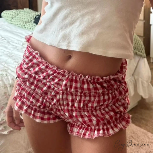 Ruffled Plaid Elastic Waist Shorts red / S short-250223