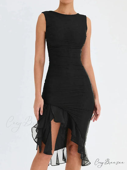 Ruffled Ruched Summer-ready Backless Sleeveless Irregular Sensual Midi Dress Black / S