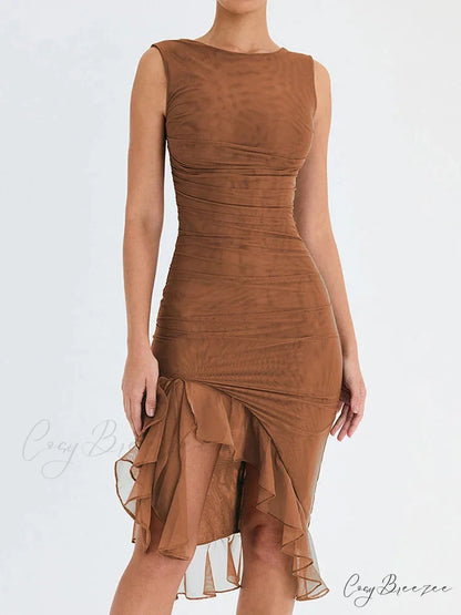 Ruffled Ruched Summer-ready Backless Sleeveless Irregular Sensual Midi Dress Brown / S