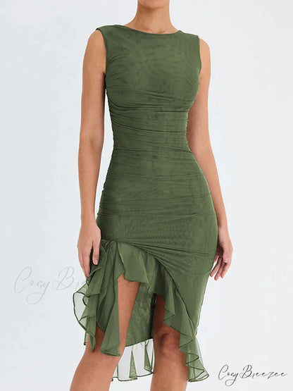 Ruffled Ruched Summer-ready Backless Sleeveless Irregular Sensual Midi Dress Green / S