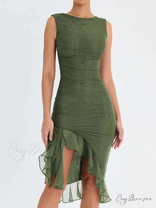 Ruffled Ruched Summer-ready Backless Sleeveless Irregular Sensual Midi Dress Green / S