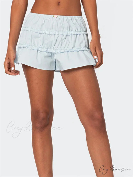 Ruffled Solid Elastic Waist Shorts blue / S short-250223