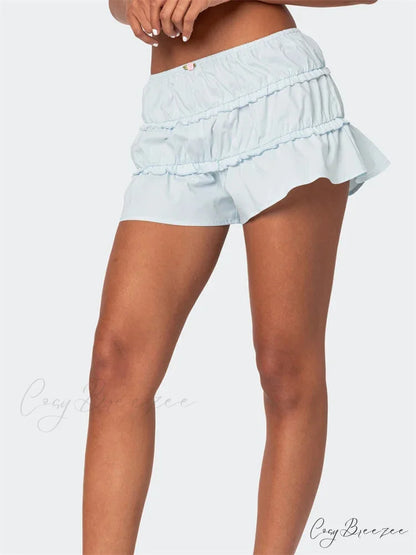 Ruffled Solid Elastic Waist Shorts short-250223