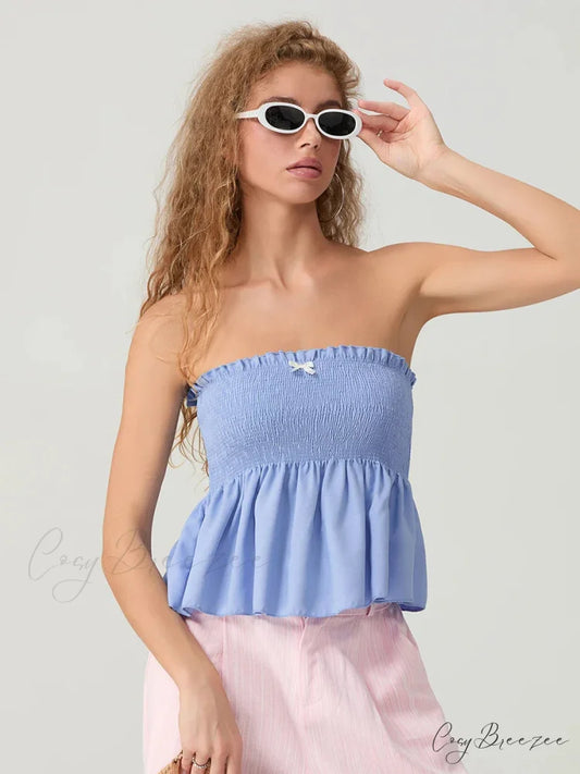 Ruffled Strapless Smocked Flowing Hem Bodydoll Tube Top SKY BLUE / S croptop-250126