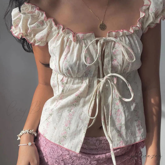 Ruffled Tie-Up Cap Crop Top white / S croptop-250223