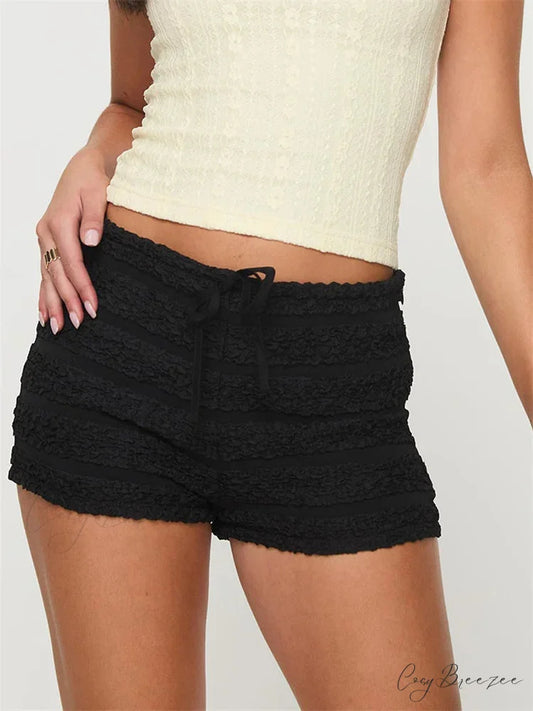 Ruffled Tie-Up Elastic Waist Shorts black / S short-250223