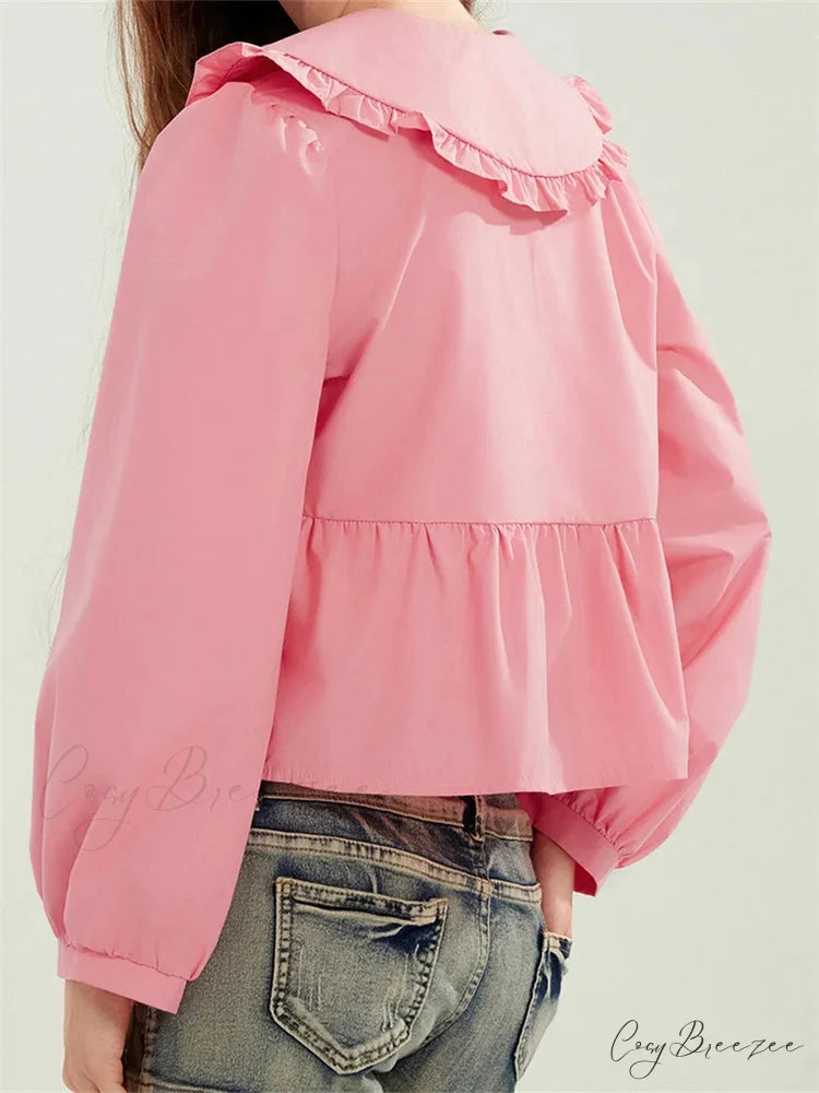 Ruffled Turn-Down Neck Tie-Up Shirt blouse-250223