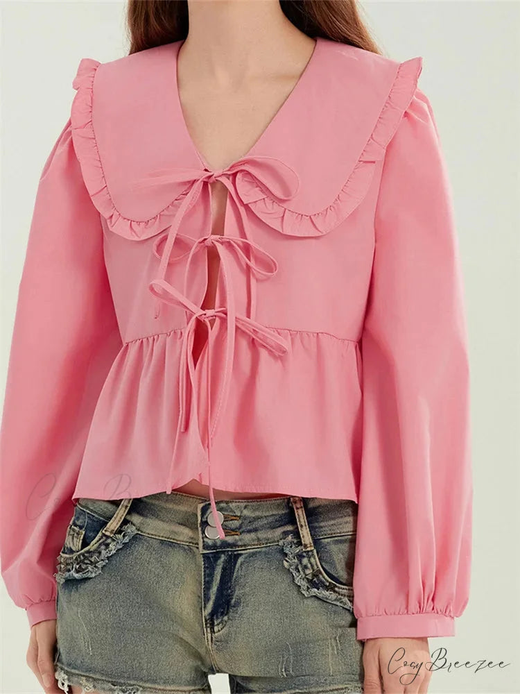 Ruffled Turn-Down Neck Tie-Up Shirt blouse-250223