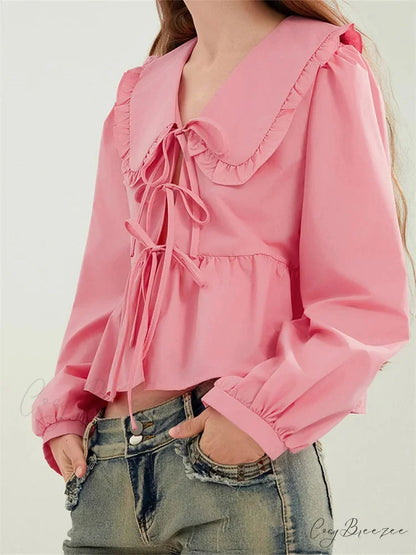 Ruffled Turn-Down Neck Tie-Up Shirt blouse-250223