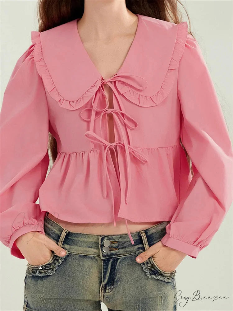 Ruffled Turn-Down Neck Tie-Up Shirt blouse-250223
