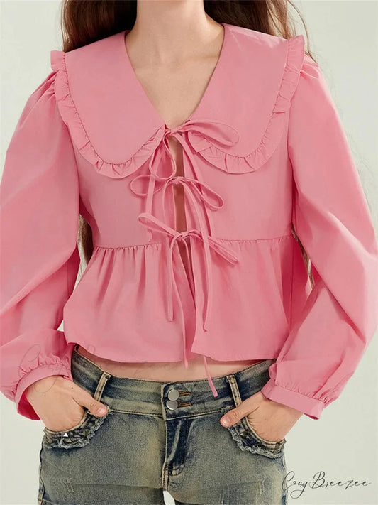 Ruffled Turn-Down Neck Tie-Up Shirt blouse-250223