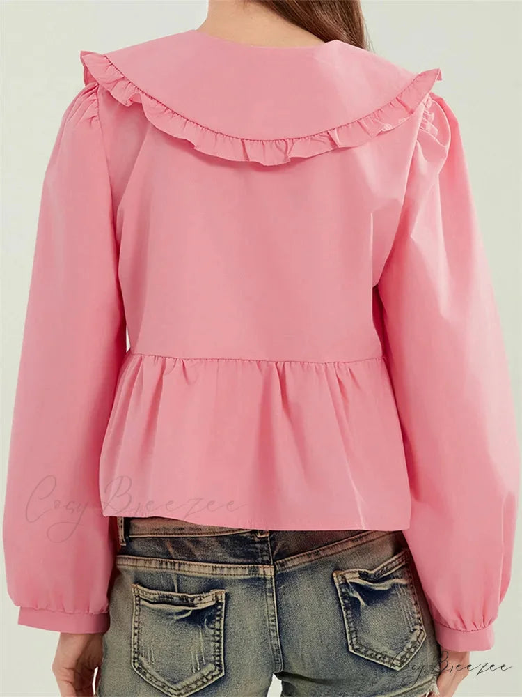 Ruffled Turn-Down Neck Tie-Up Shirt blouse-250223