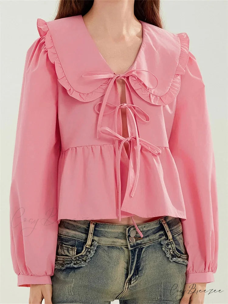Ruffled Turn-Down Neck Tie-Up Shirt pink / S blouse-250223